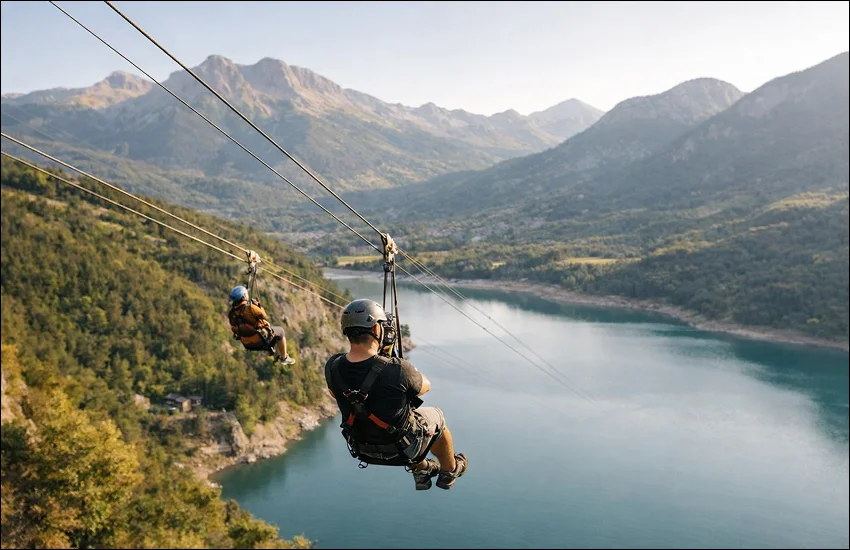 Mejor hora para tirarse en tirolina en el Valle de Tena con luz suave, embalse al fondo y vistas abiertas de montaña