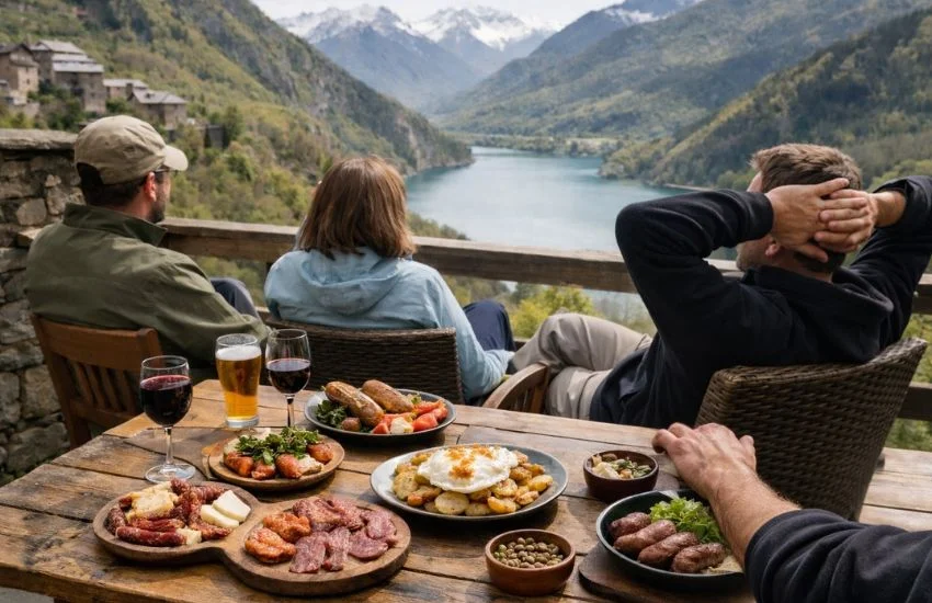 Comida de montaña durante la Semana Santa en Hoz de Jaca con vistas al valle y pausa tranquila antes de la tirolina