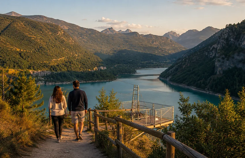 Paseo corto hacia el mirador de Hoz de Jaca al atardecer con vistas al embalse de Búbal.