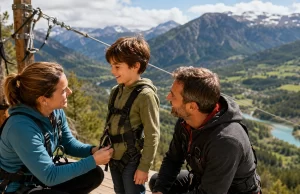 Familia preparando una actividad de aventura al ir a la tirolina con niños en el Valle de Tena