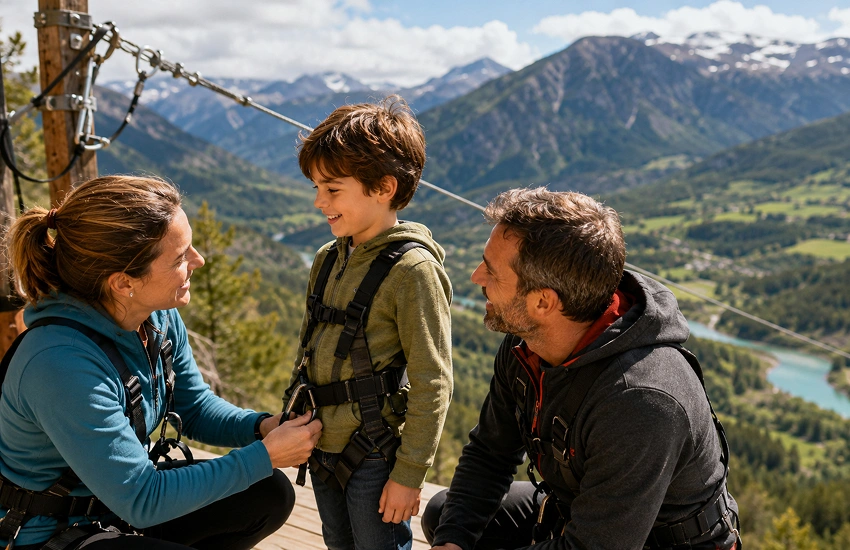 Familia preparando una actividad de aventura al ir a la tirolina con niños en el Valle de Tena