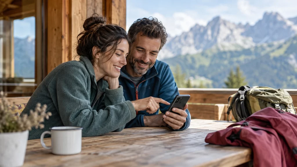 Pareja con un móvil para reservar actividades de aventura online durante la preparación de una escapada de montaña.