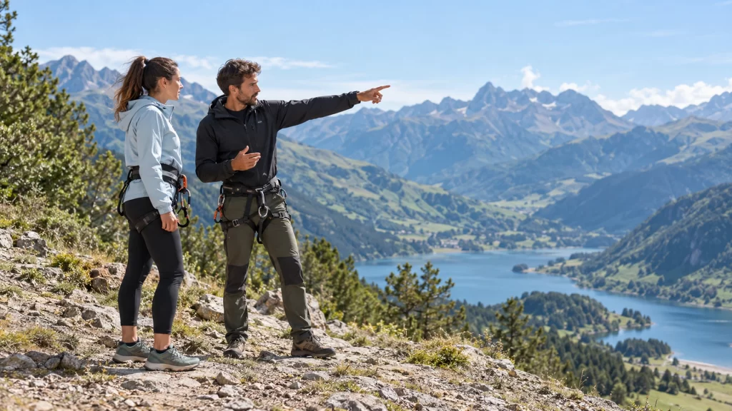 Una participante con arnés escucha las indicaciones de un monitor en un entorno de montaña, con un embalse al fondo.
